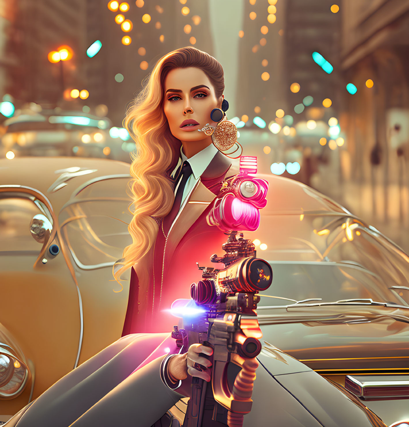 Stylish woman with retro-futuristic rifle by vintage car in city street at night