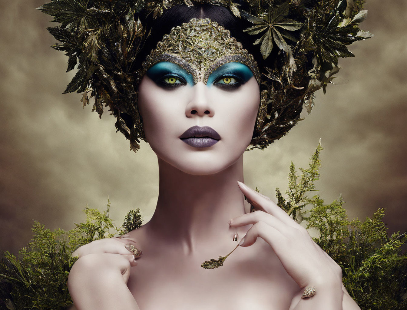 Woman with dramatic makeup and leafy headdress in sepia-toned backdrop