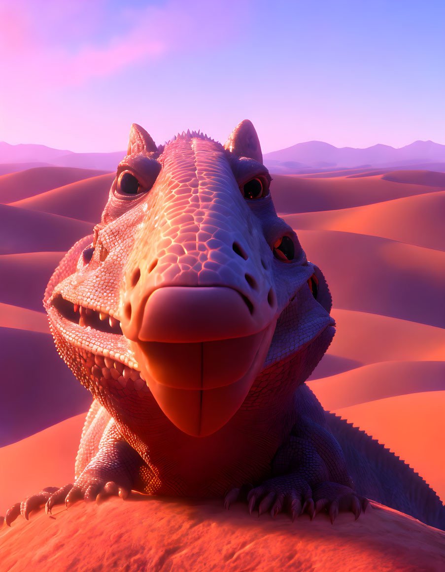 Smiling animated lizard in desert with rolling dunes