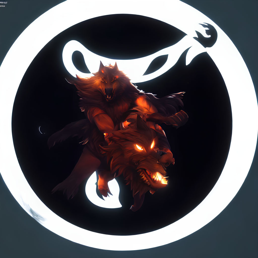 Stylized wolves with glowing eyes in dark circle with symbols