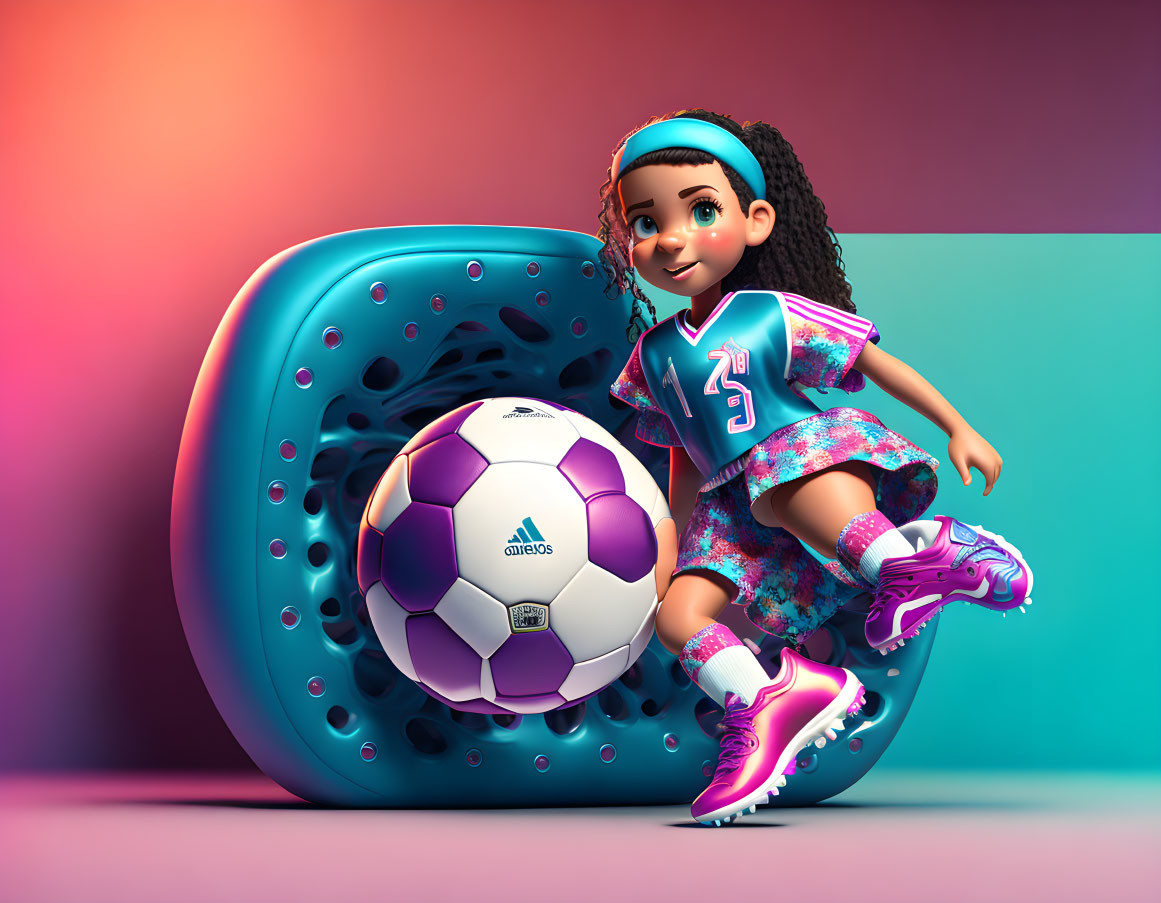 3D-rendered image of cheerful girl in sports outfit with soccer ball