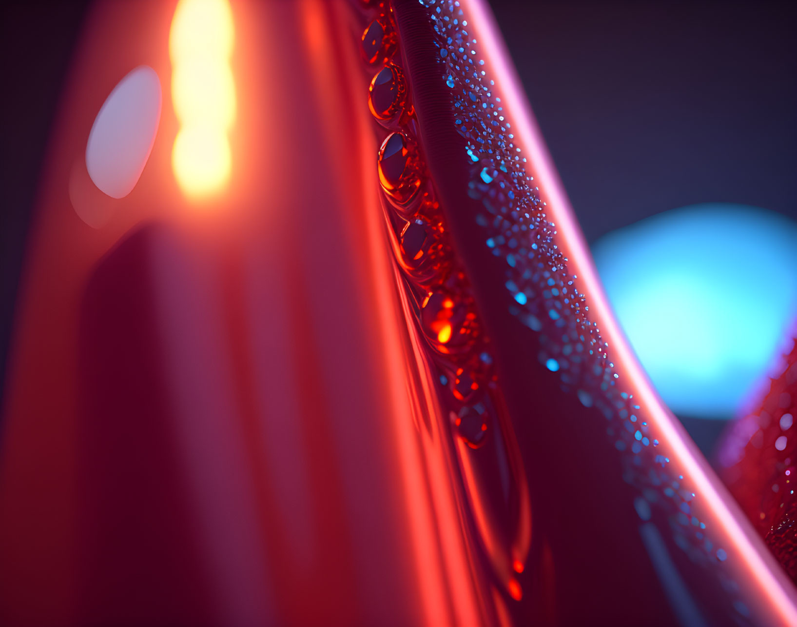 Condensation droplets on red curved surface with bokeh light background