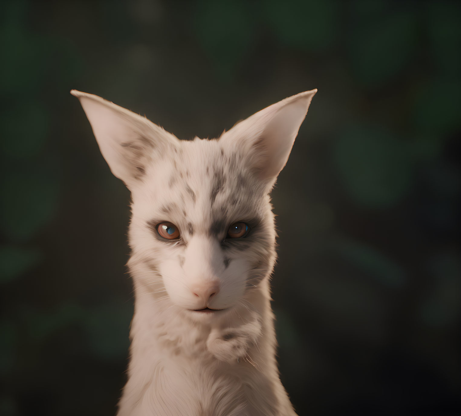 White Cat with Blue Eyes and Spotted Fur on Green Background