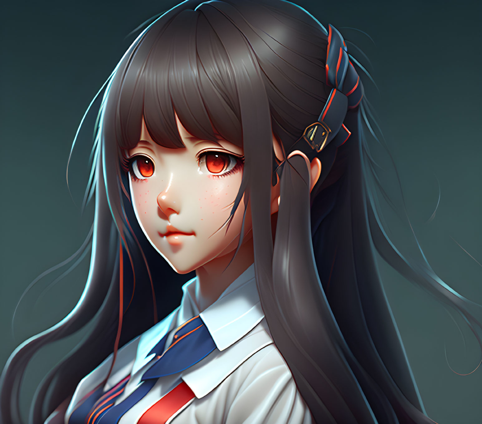 Portrait of a girl with red eyes, black hair, freckles, white shirt, blue tie