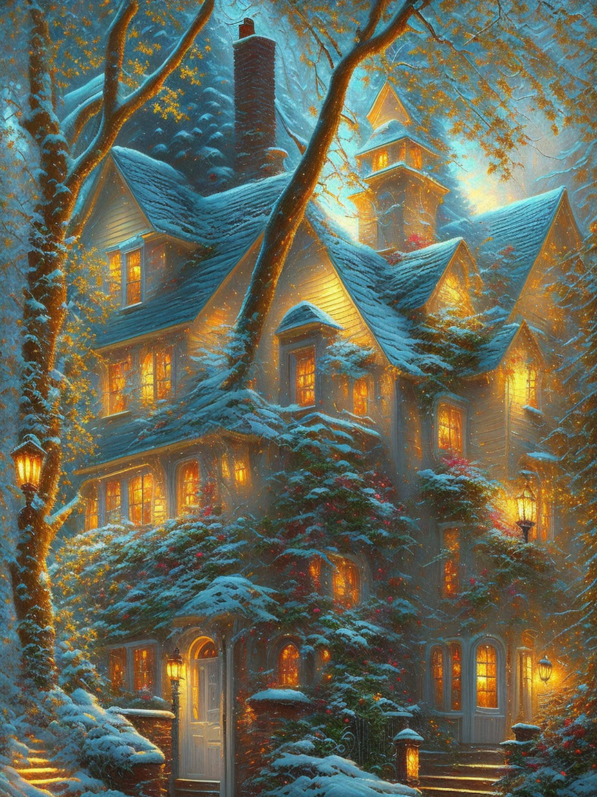 Victorian house in snowy winter scene with glowing lanterns