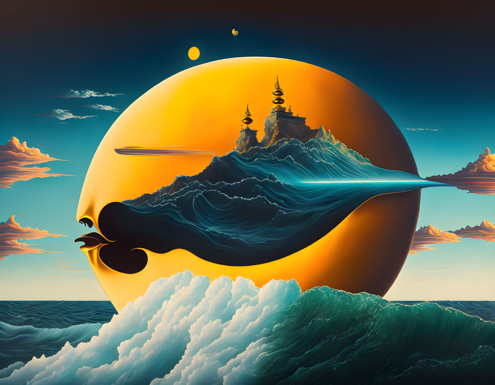 Surrealist seascape with stylized wave and moon horizon