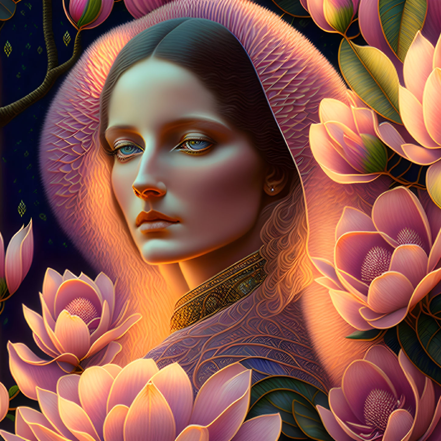 Vibrant Pink Lotus Flowers Surrounding Woman Portrait