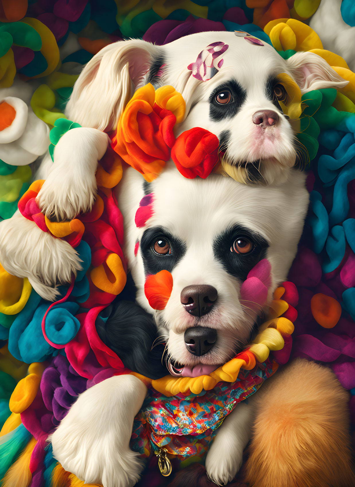 Two Dogs Among Colorful Plush Toys with Striking Black and White Fur