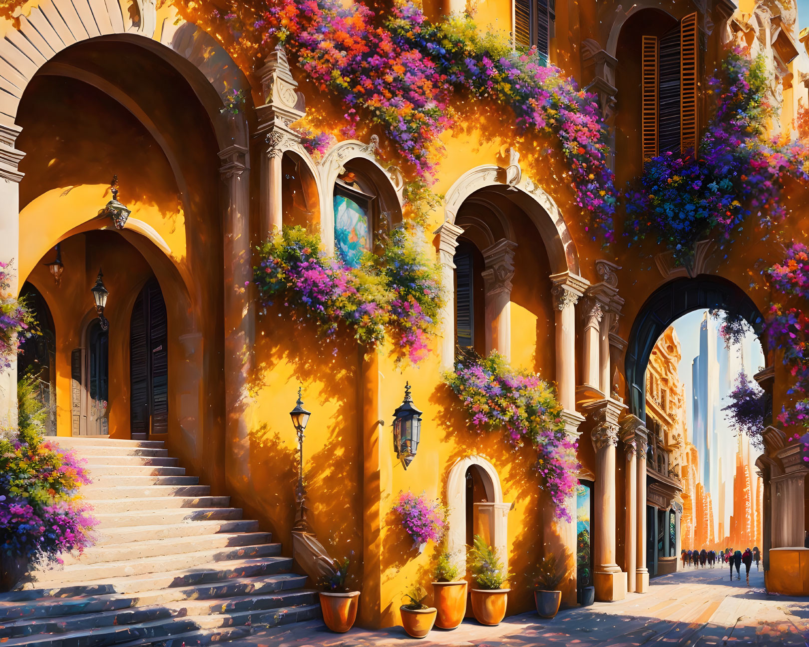 Colorful street scene with orange walls, archways, purple flowers, and sunlight.