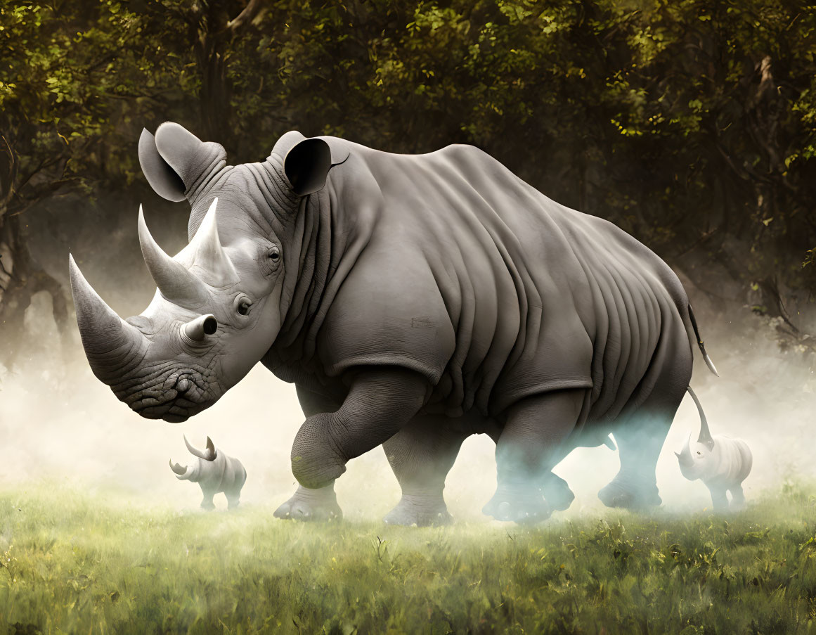 Misty forest scene with large and light-made rhinoceroses