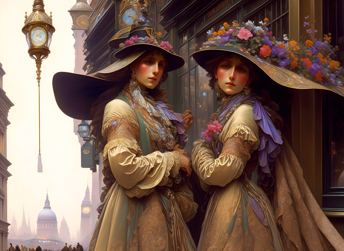 Victorian women in floral hats and shawls in historical city setting