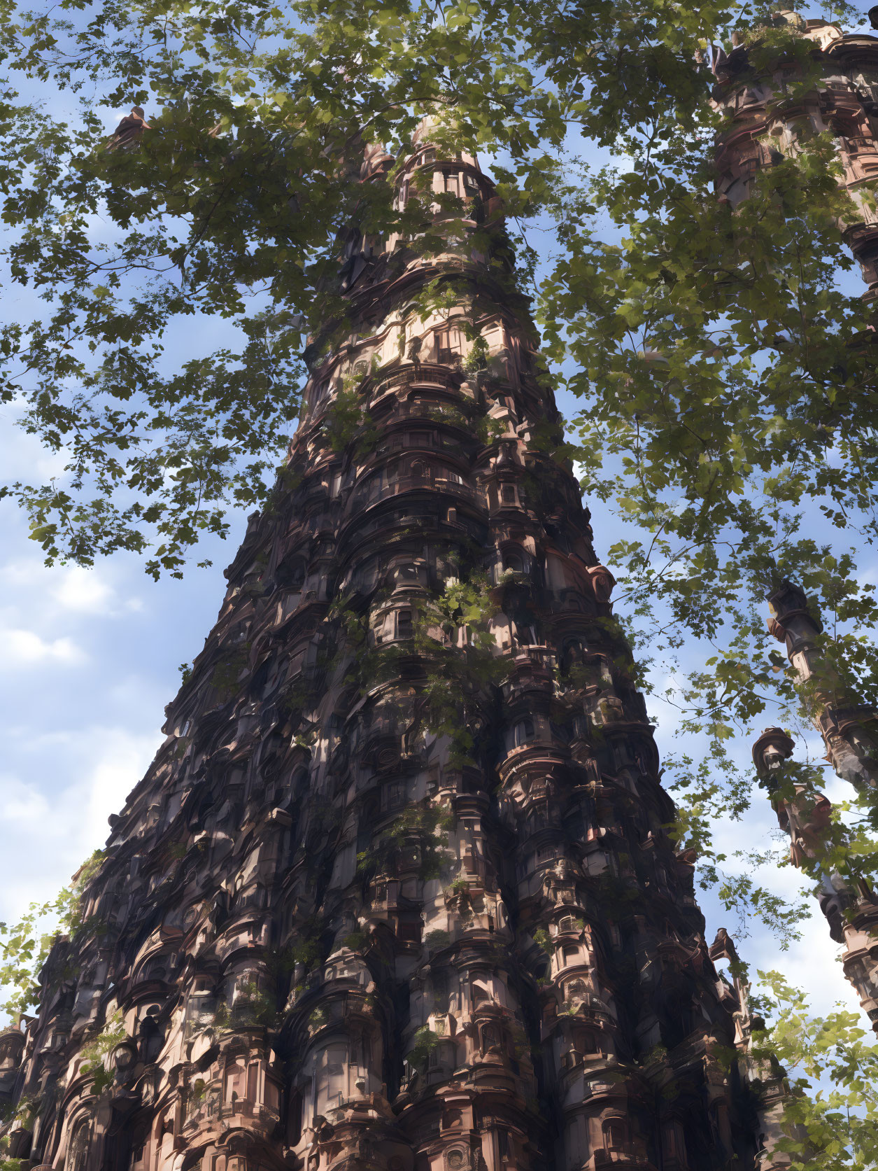 Gothic-style spire with intricate stonework in natural setting