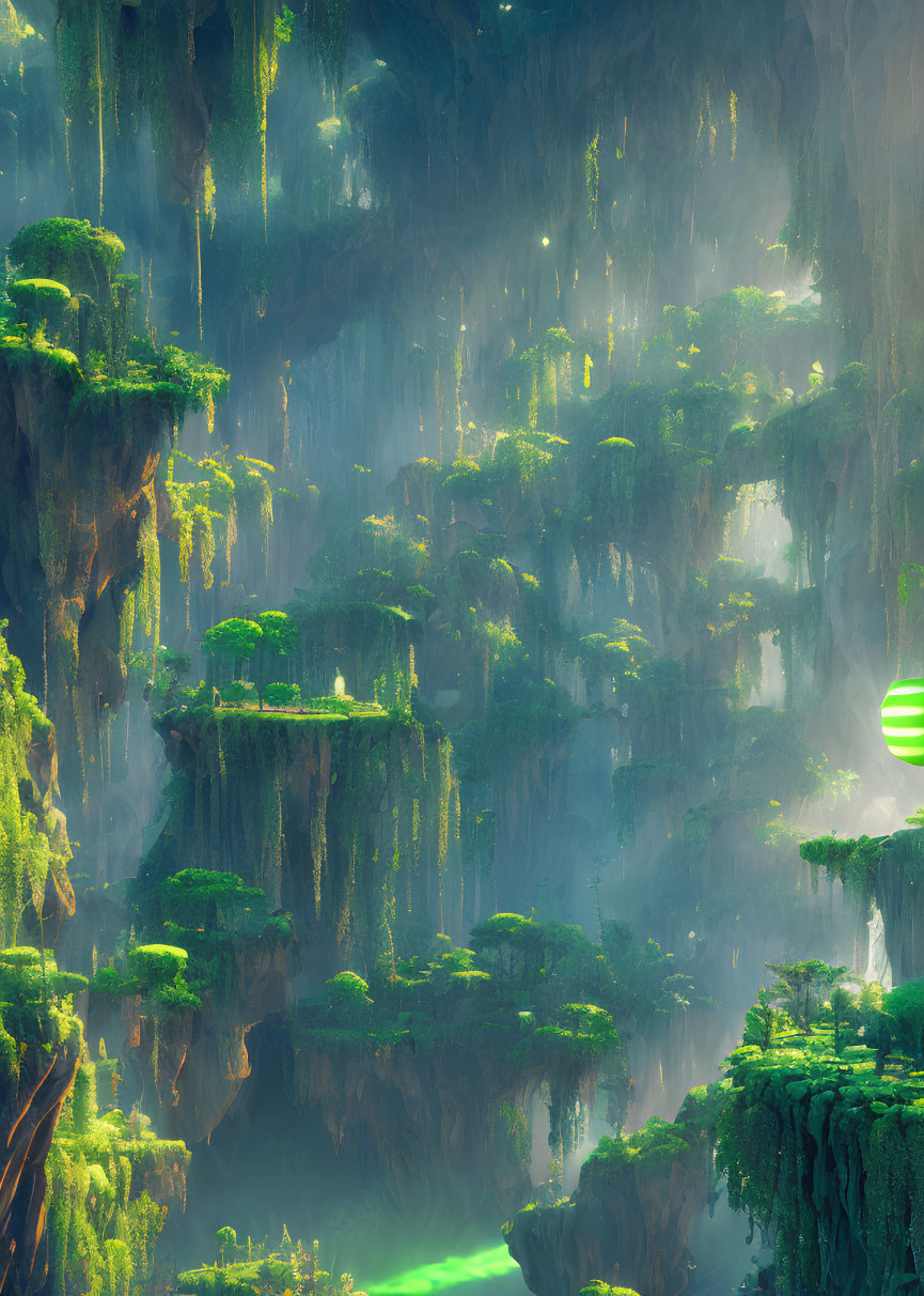 Lush Green Cliffs with Ethereal Light and Mist