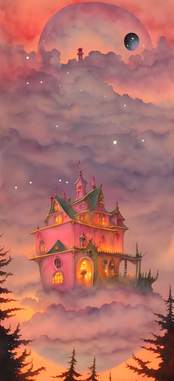 Pink Victorian House on Cloud with Moon and Stars Illustration