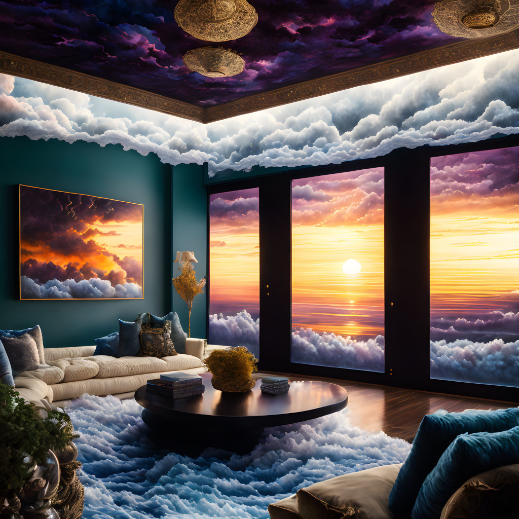 Luxurious room with ornate ceiling and plush blue sofas overlooking surreal sunset view