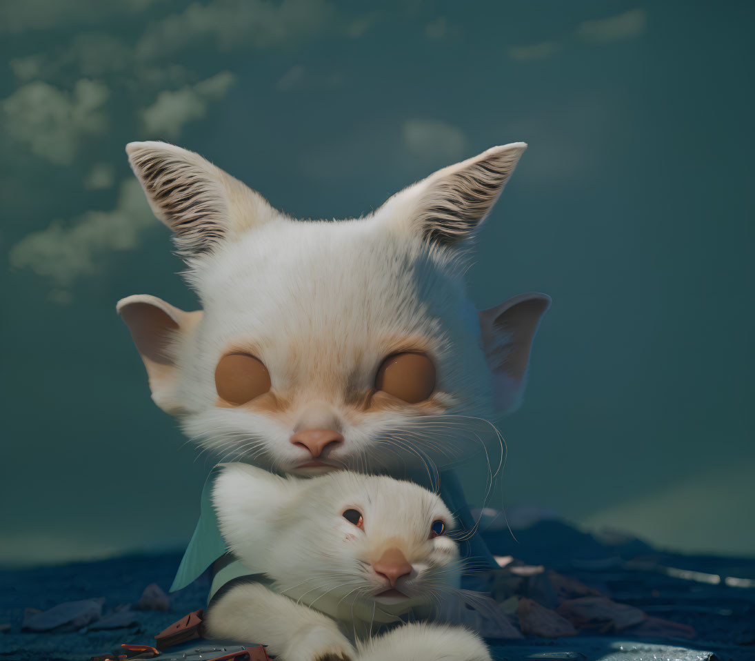 Stylized white cat embracing smaller cat under cloudy sky