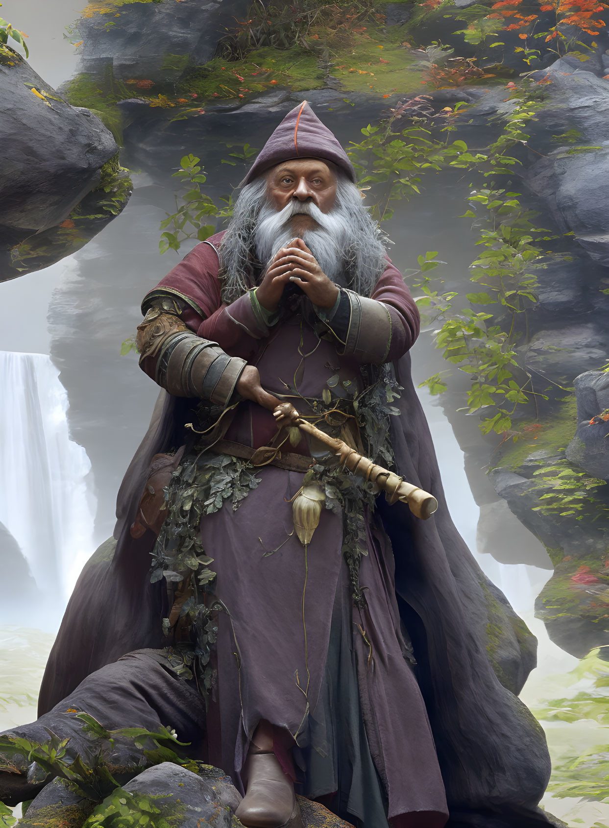 White-bearded wizard with staff in enchanted forest with waterfalls.