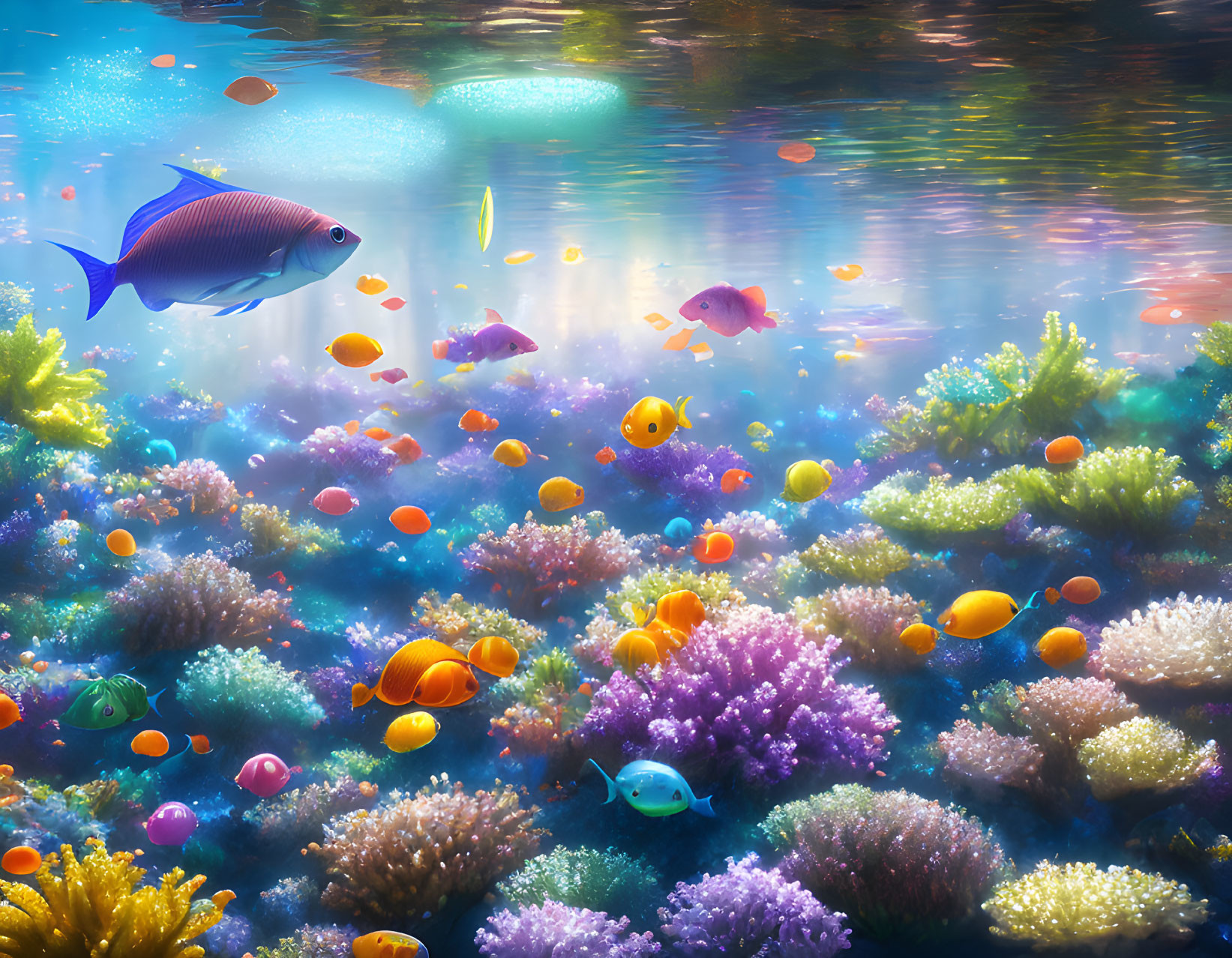 Colorful Fish Swimming Above Bright Coral Reefs in Sunlit Underwater Scene