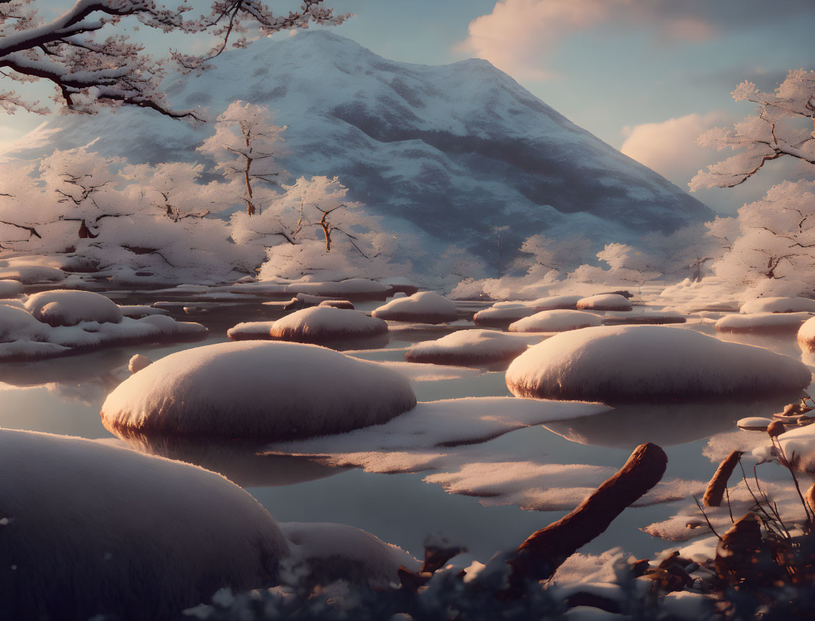 Tranquil sunrise scene of snow-covered rocks in mountain landscape