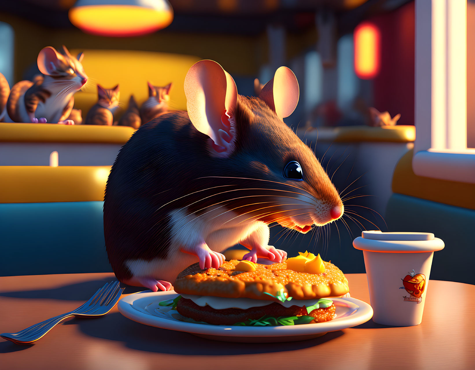 Cartoon Mouse Eating Sandwich in Diner Scene