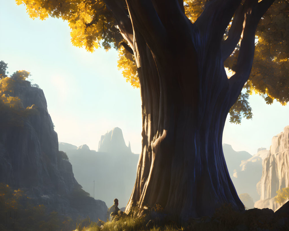 Person under vibrant yellow tree with rocky landscape in background