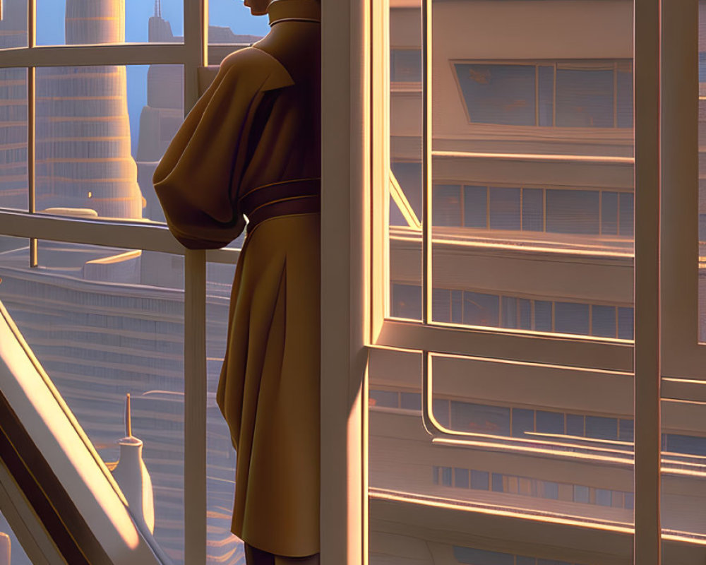 Stylized illustration of man in tan coat gazing at cityscape sunset