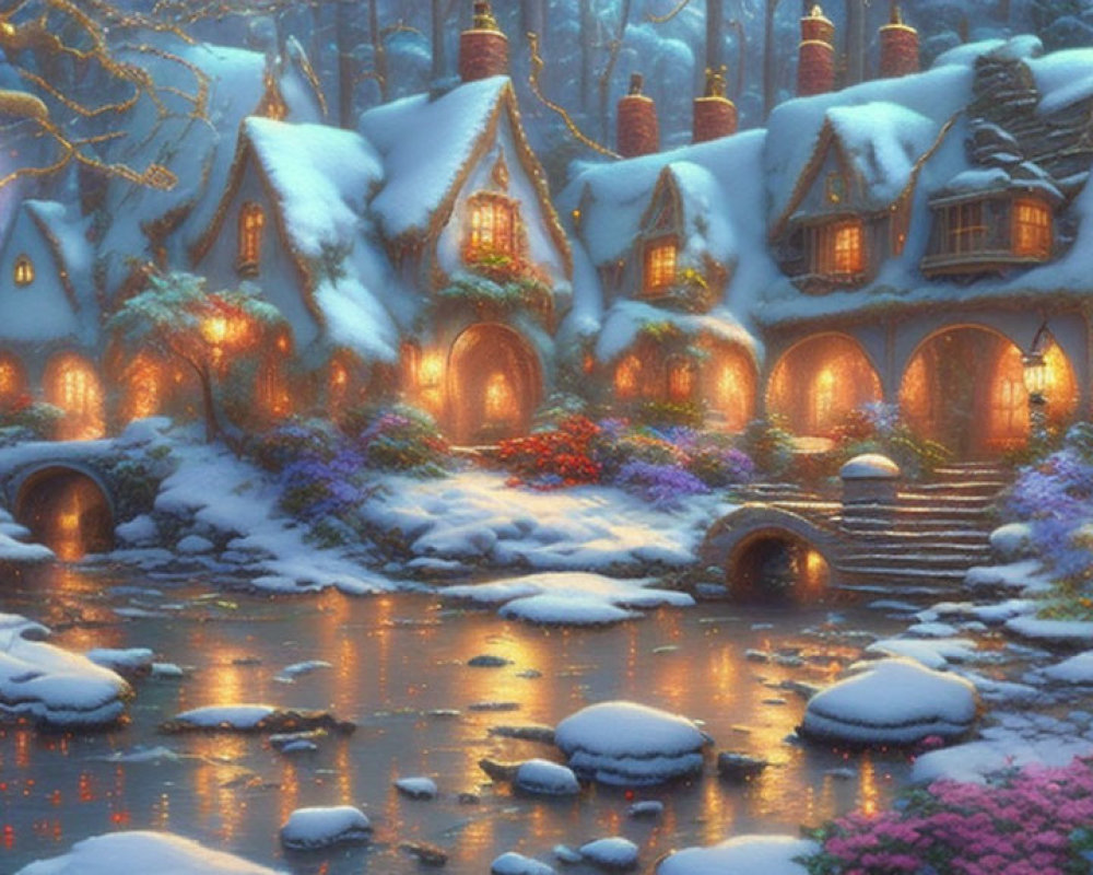 Snowy landscape with illuminated cottage and serene river