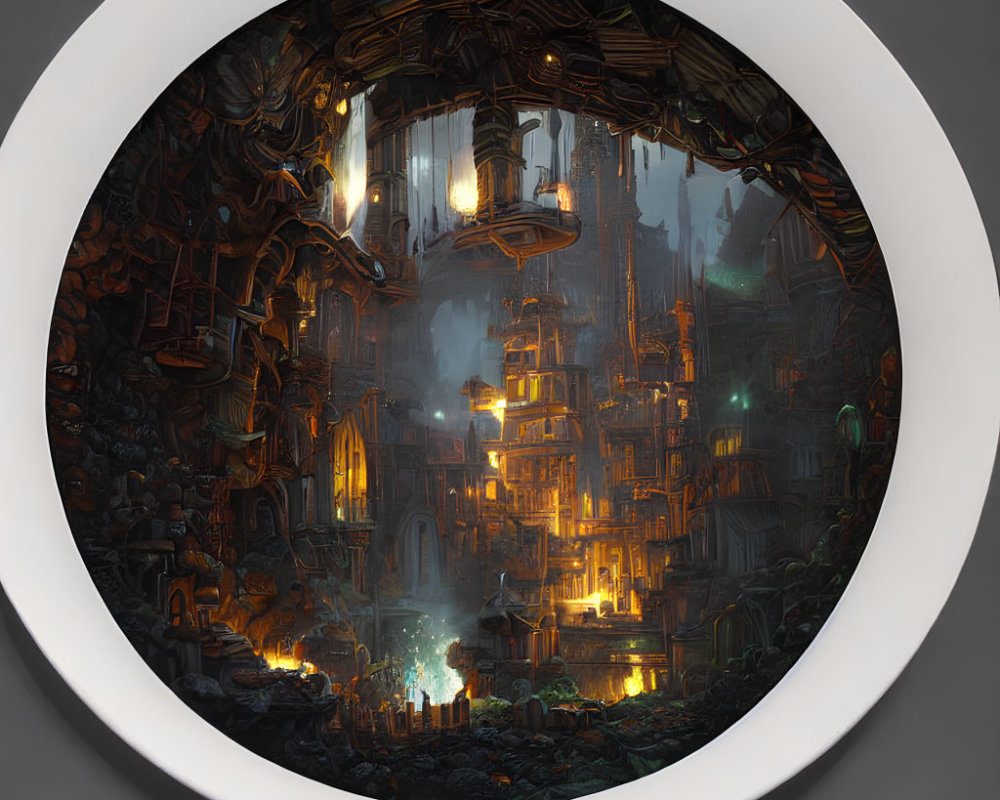 Circular-framed underground city with glowing lanterns and intricate architecture among rocks