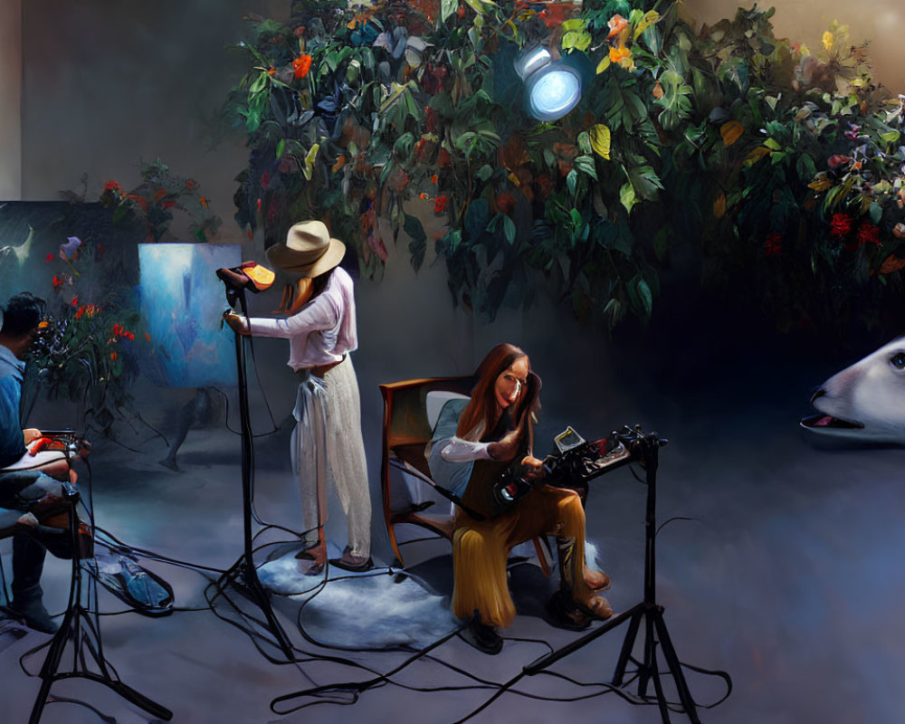 Surreal indoor scene with artists, foliage, wolf face, and lighting.