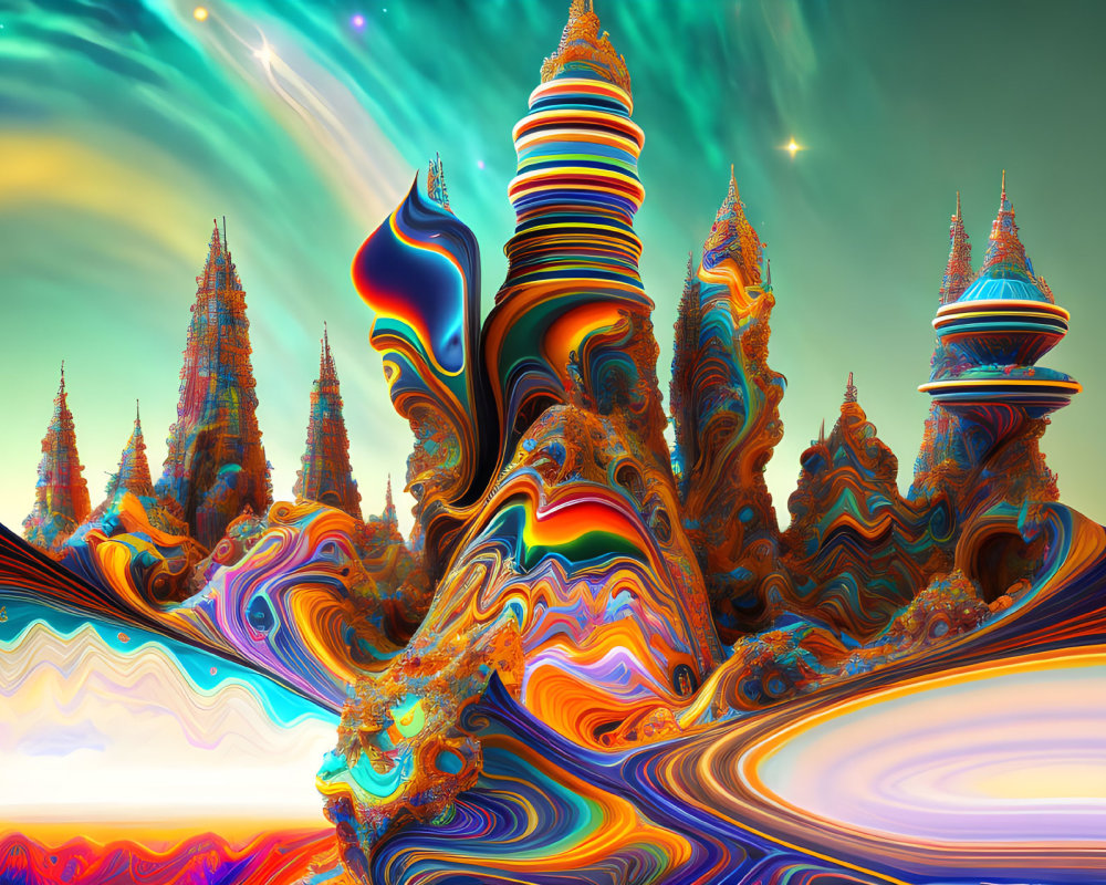 Surreal multicolored swirled structures against dynamic sky