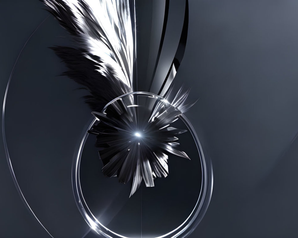 Abstract 3D background with metallic ring and white feathers on dark gradient.