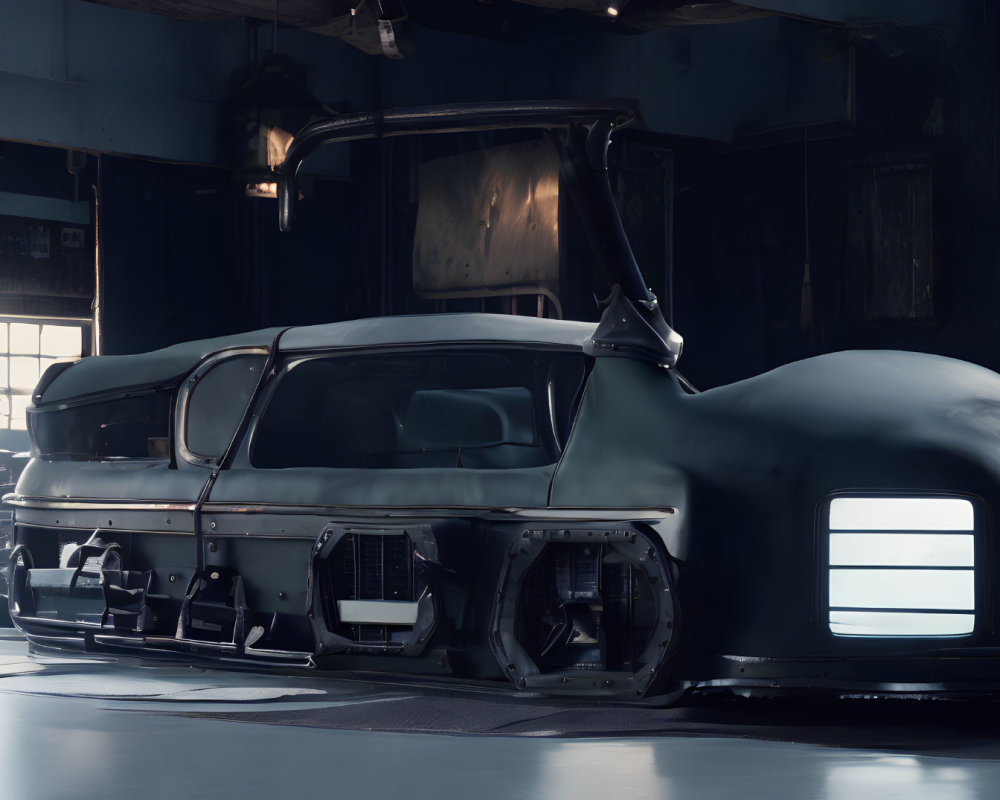 Classic car body in dark garage: sleek design for restoration/customization