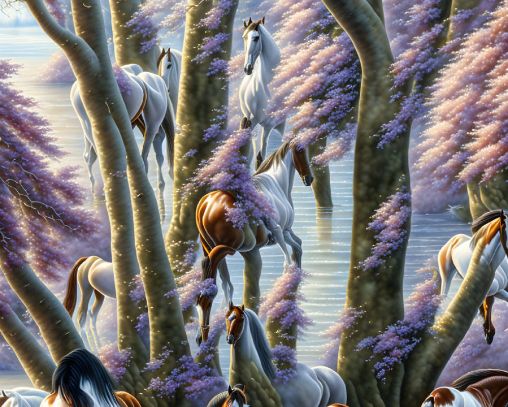 Mystical forest with white and brown horses and purple blossoms