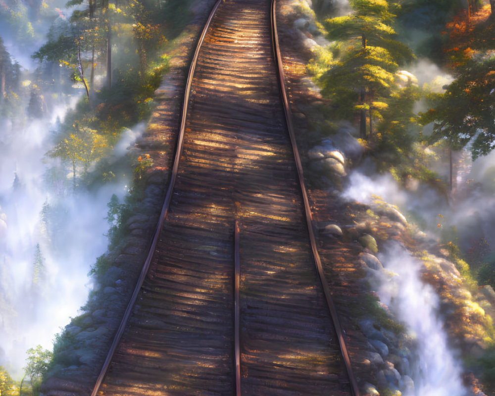 Red Train on Curving Wooden Railway in Misty Forest