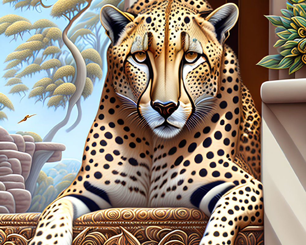 Majestic cheetah on ornate balcony with lush background