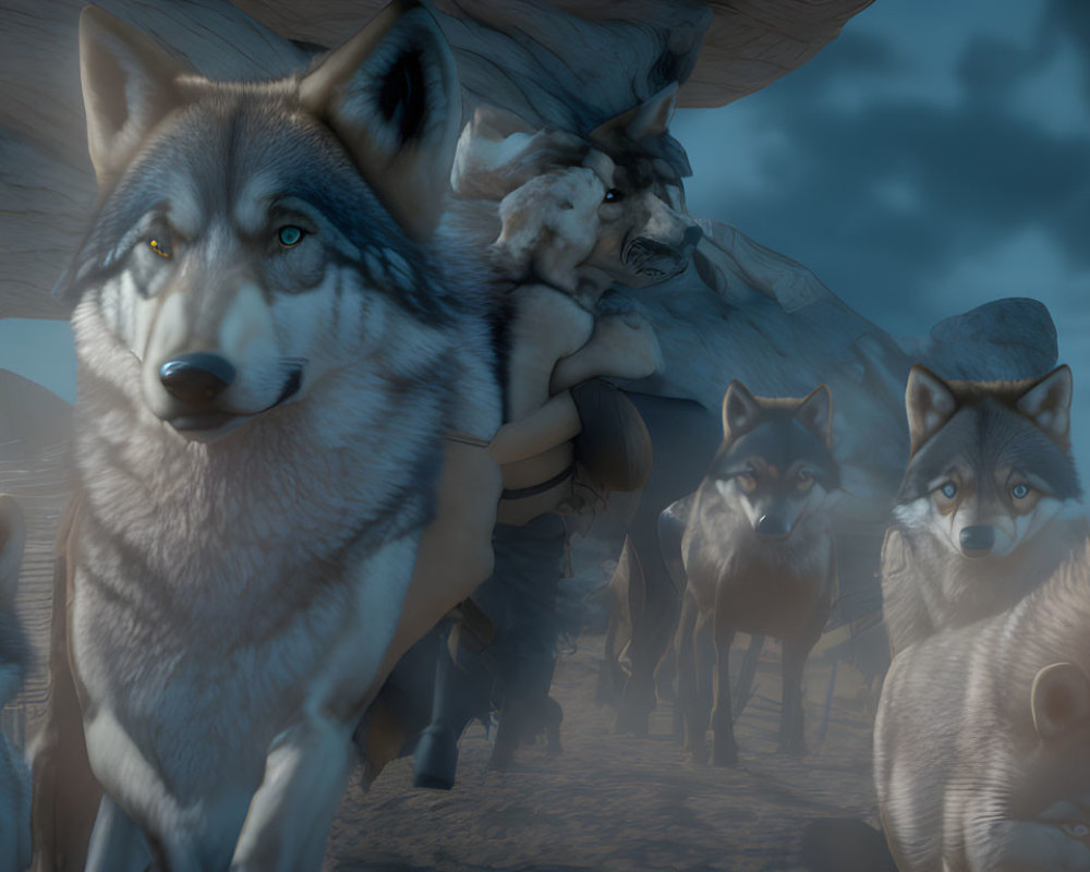 Animated wolves in various poses under twilight sky, with large wolf in foreground.