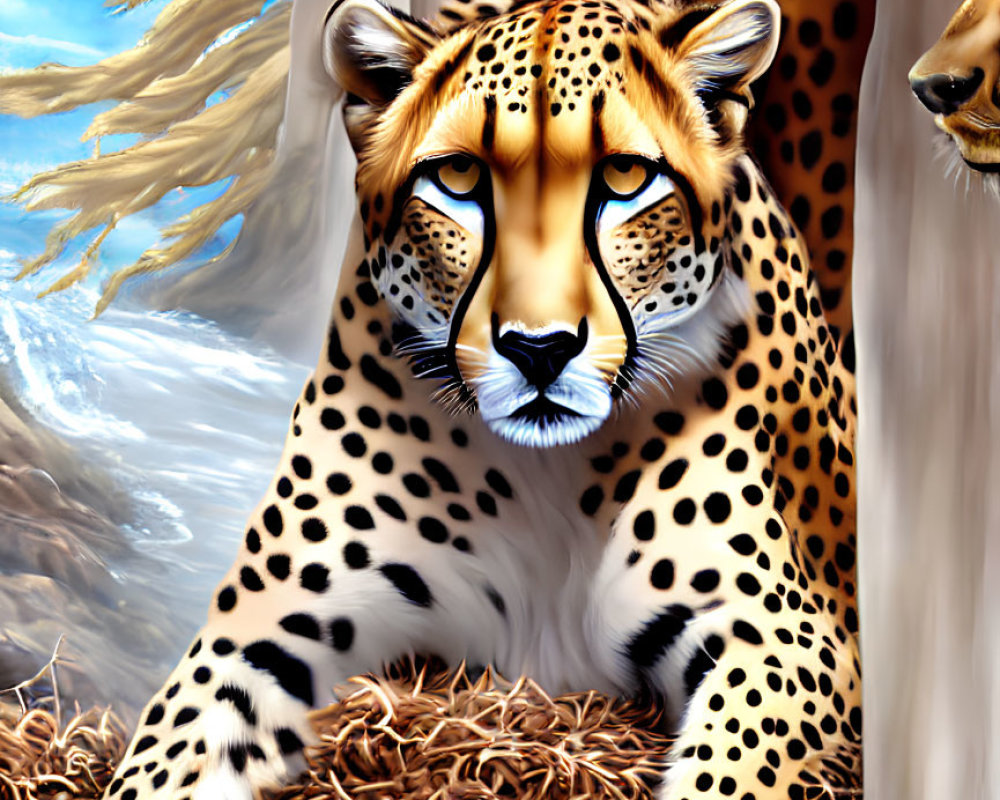 Detailed illustration of cheetah resting on straw bed with piercing eyes, set against blue sky and golden