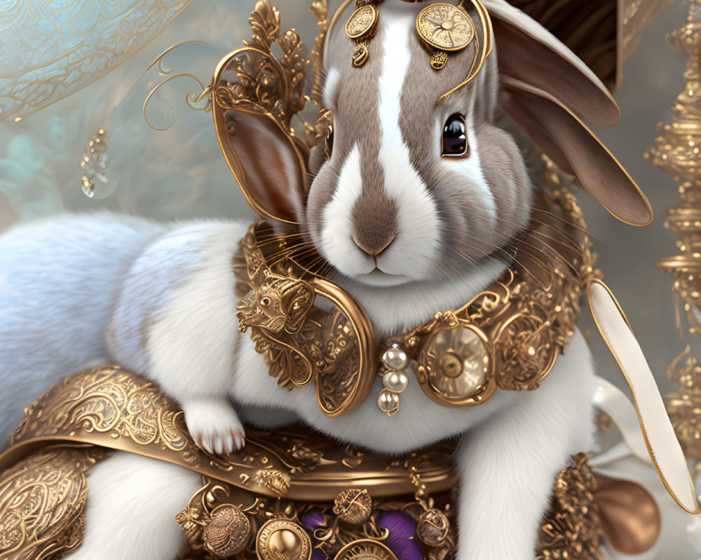 Adorned rabbit with gold jewelry against decorative background