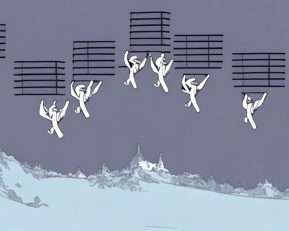 Stylized figures on musical staves against snowy mountain backdrop