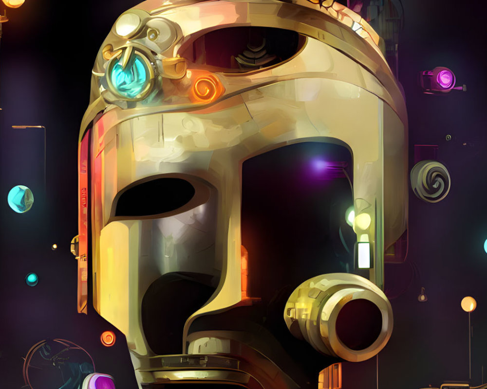 Golden robotic head with glowing gem-like elements in mechanical setting