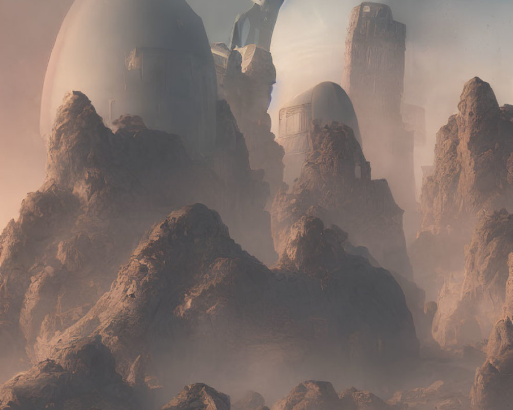 Shattered domes in dystopian landscape under pink sky