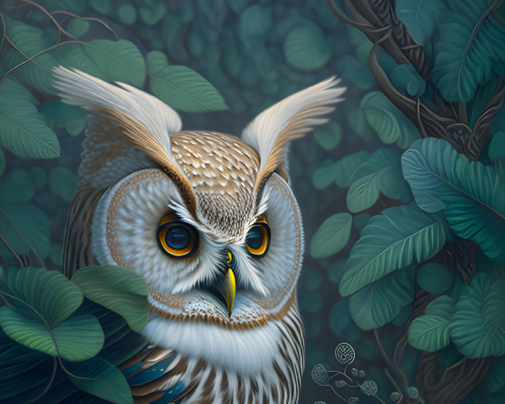 Detailed Stylized Owl Illustration with Feather Tufts and Yellow Eyes