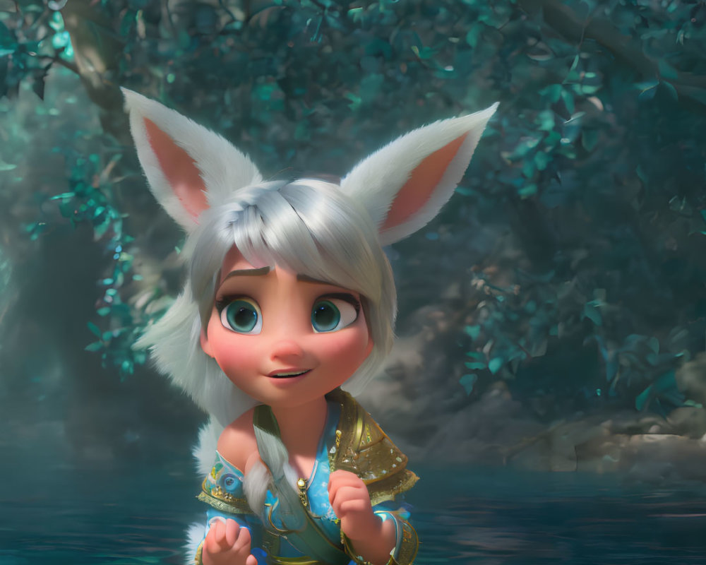 Anthropomorphic female character with rabbit ears in golden outfit in magical forest