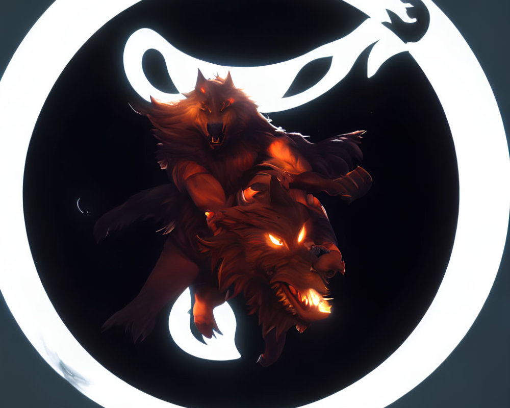 Stylized wolves with glowing eyes in dark circle with symbols