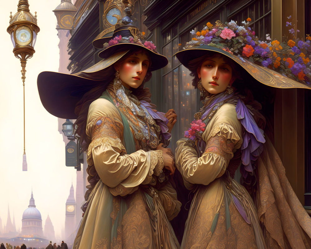 Victorian women in floral hats and shawls in historical city setting