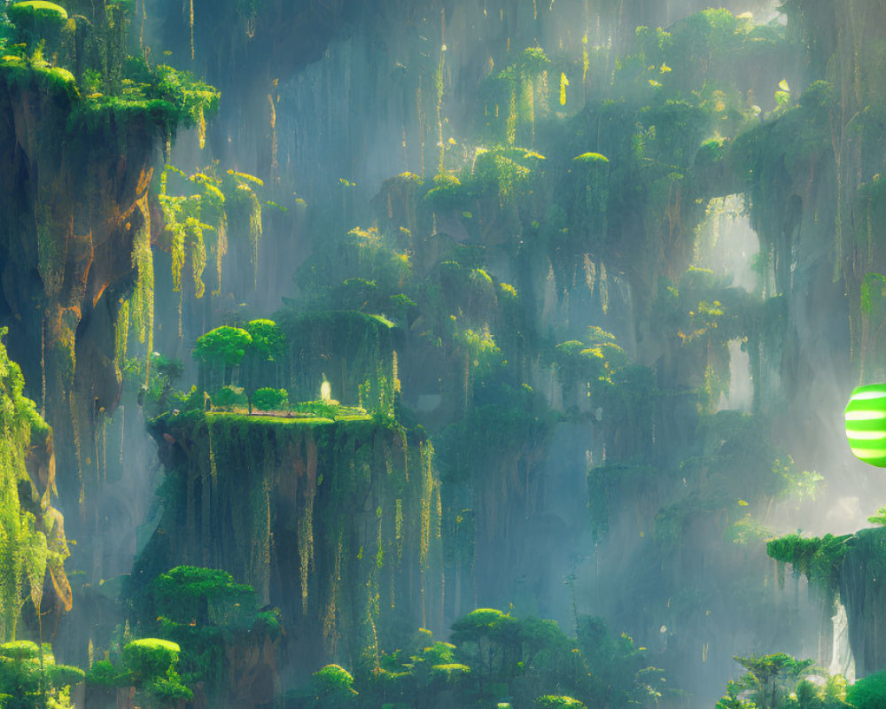 Lush Green Cliffs with Ethereal Light and Mist