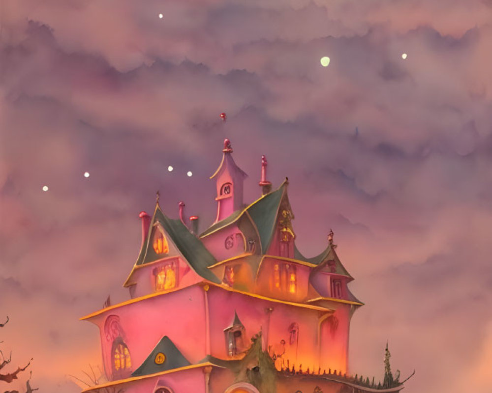 Pink Victorian House on Cloud with Moon and Stars Illustration