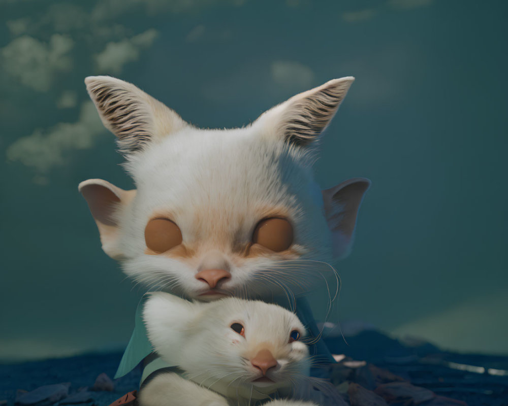 Stylized white cat embracing smaller cat under cloudy sky