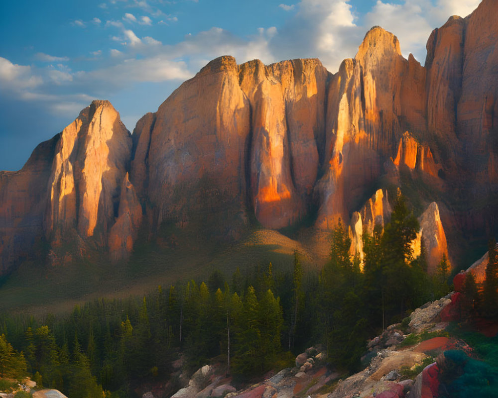 Sunset light on majestic mountain peaks with dense forest and rocky terrain.