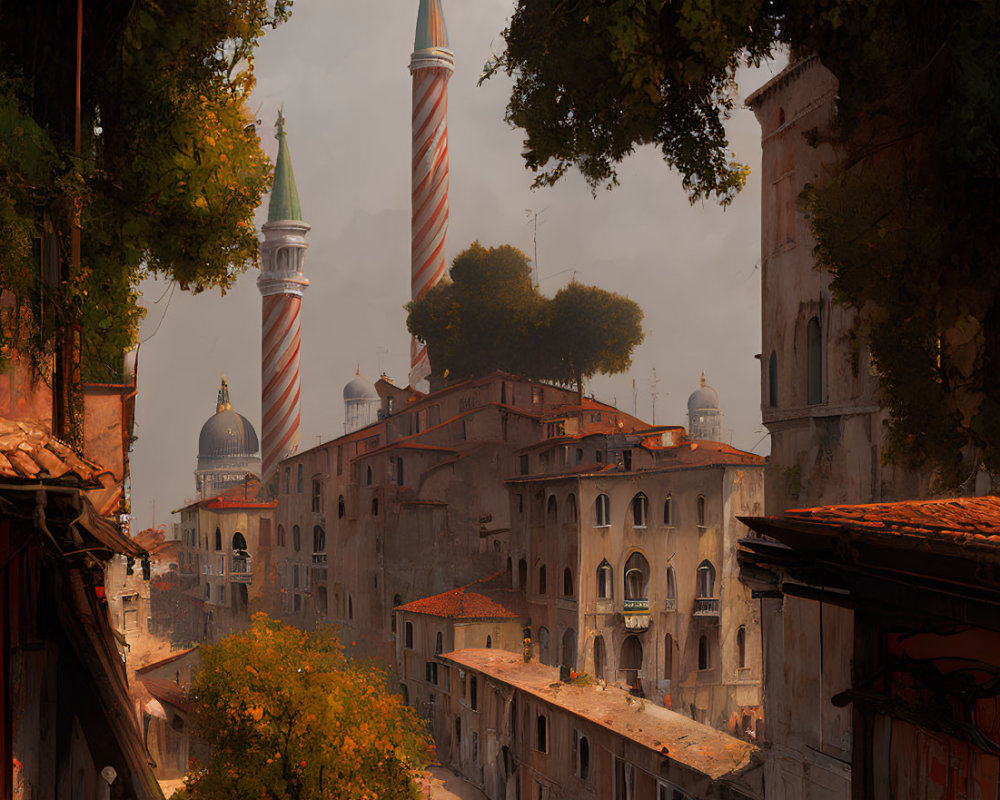 Old European-style town with terracotta roofs and spires in warm sunlight